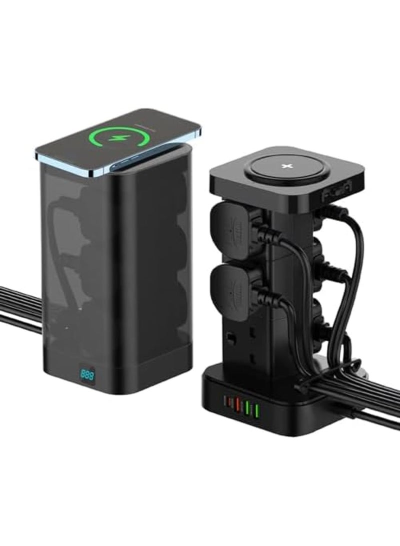 Barakah Tower Extension Lead with USB C Slot & Wireless Charger, Surge Protector Multi Plug Socket 6 Way Outlet Heavy-Duty Power Strip Extension Cord 3M, Smart Charging Station PD30W QC3.0 (Black) - Image 1