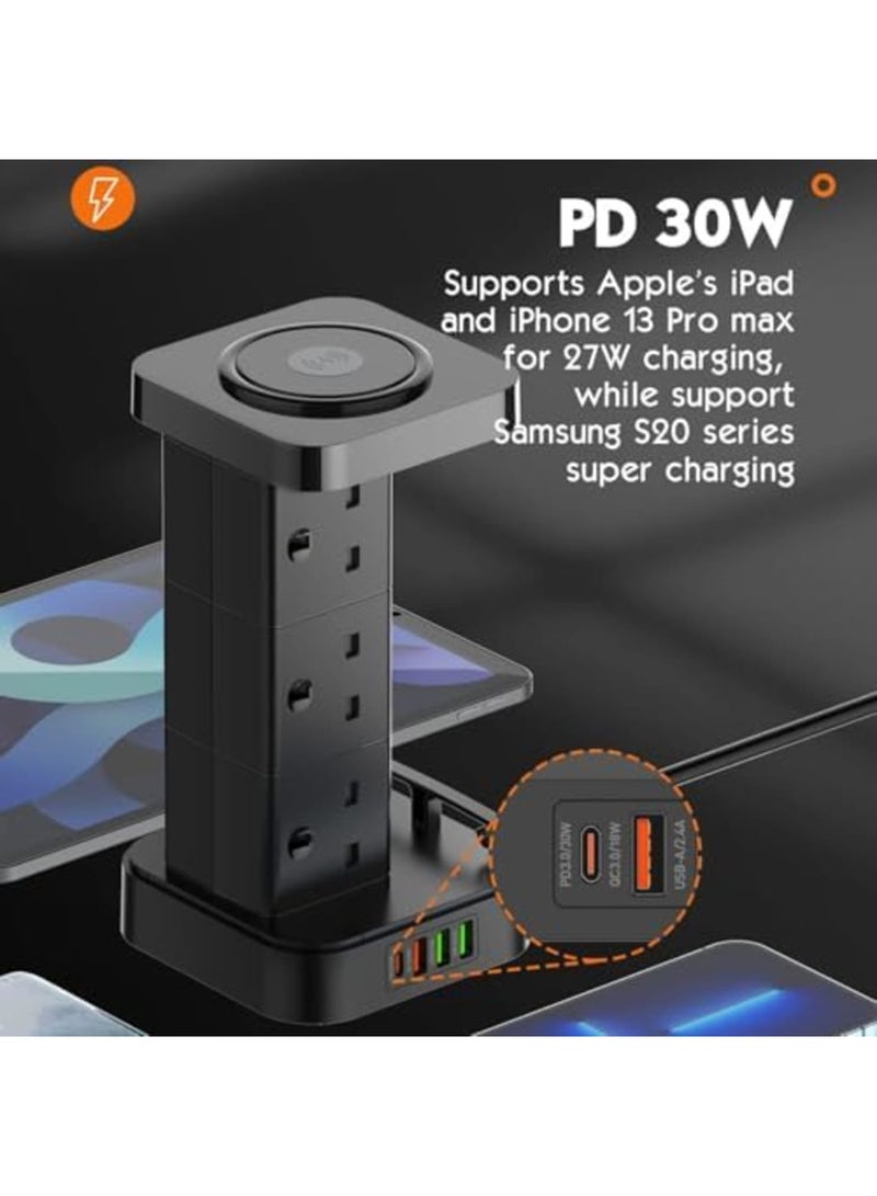 Barakah Tower Extension Lead with USB C Slot & Wireless Charger, Surge Protector Multi Plug Socket 6 Way Outlet Heavy-Duty Power Strip Extension Cord 3M, Smart Charging Station PD30W QC3.0 (Black) - Image 2