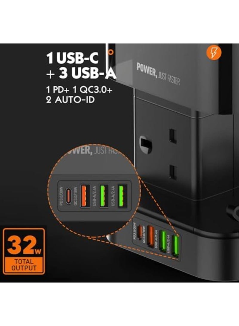 Barakah Tower Extension Lead with USB C Slot & Wireless Charger, Surge Protector Multi Plug Socket 6 Way Outlet Heavy-Duty Power Strip Extension Cord 3M, Smart Charging Station PD30W QC3.0 (Black) - Image 3