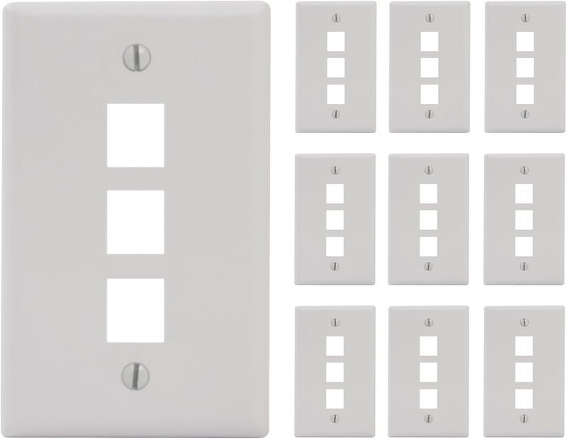 ICC 3-Port Keystone Wall Plate (10 Pack), UL Listed, Durable ABS Plastic, Single Gang Wall Plate for RJ45 Modular Jack and Inserts, White - Image 1