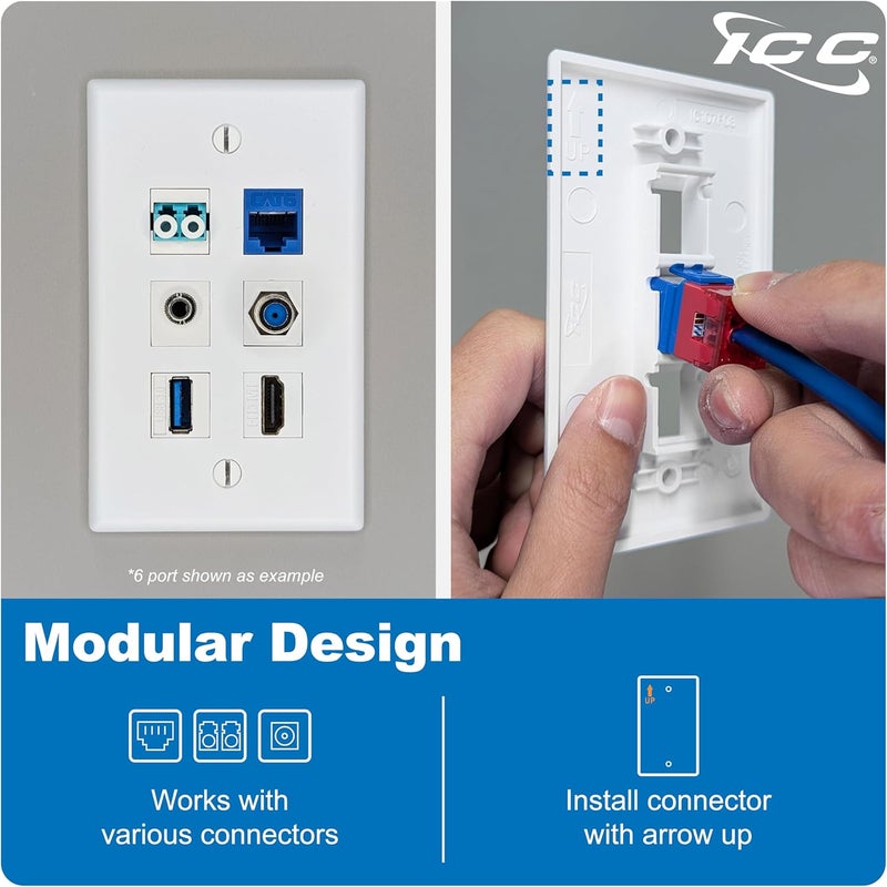 ICC 3-Port Keystone Wall Plate (10 Pack), UL Listed, Durable ABS Plastic, Single Gang Wall Plate for RJ45 Modular Jack and Inserts, White - Image 5