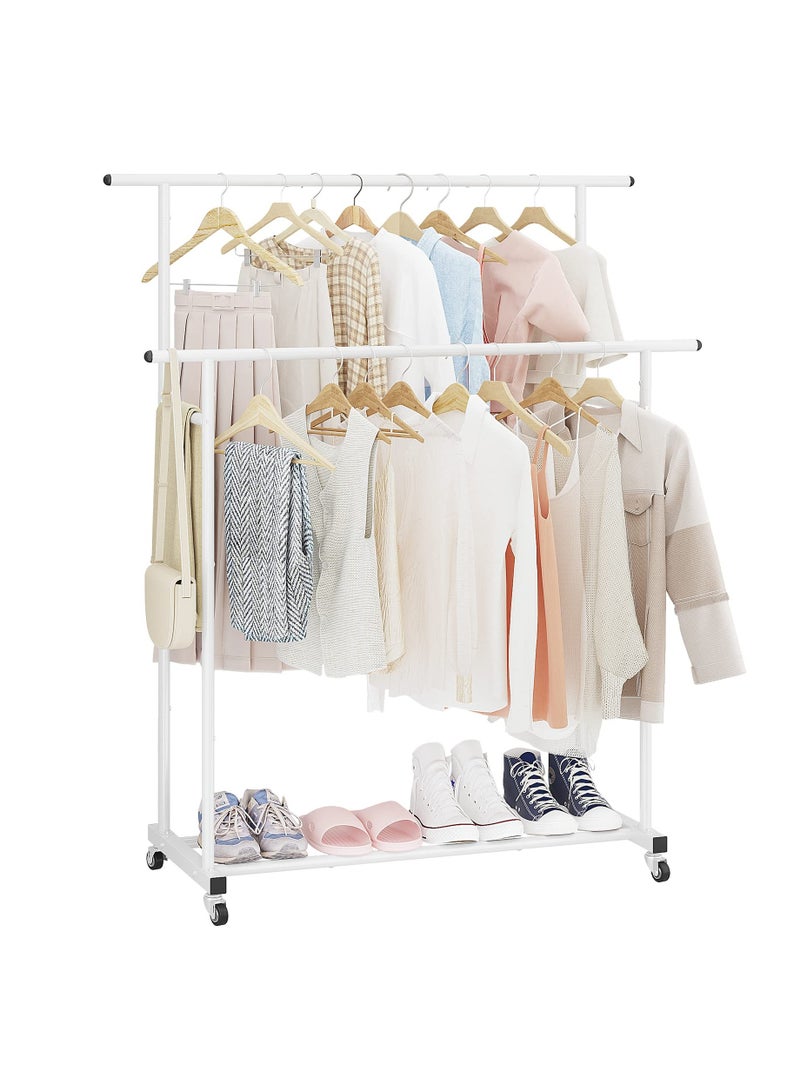 Calmootey Double Rod Clothing Garment Rack,Rolling Hanging Clothes Rack,Portable Clothes Organizer for Bedroom,Living Room,Clothing Store,White