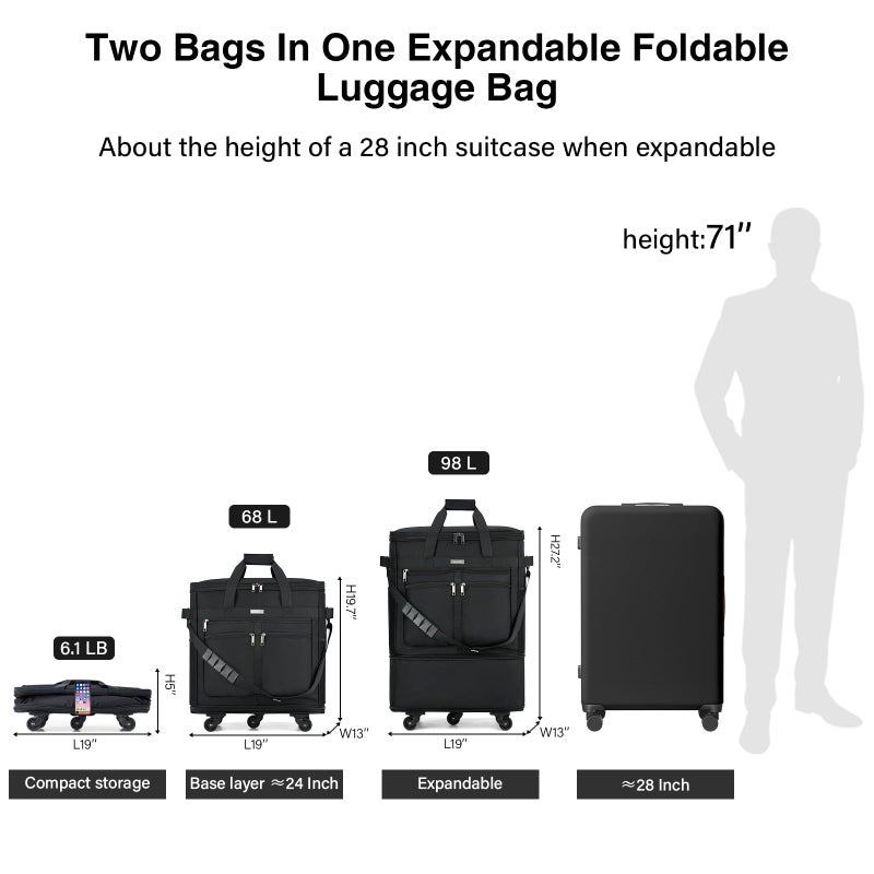 MILADA Expandable Luggage Bags for Travel Foldable Suitcase with Wheels Collapsible Rolling Travel Duffle Bag Lightweight Large Suitcases without Telescoping Handle, Black - Image 2