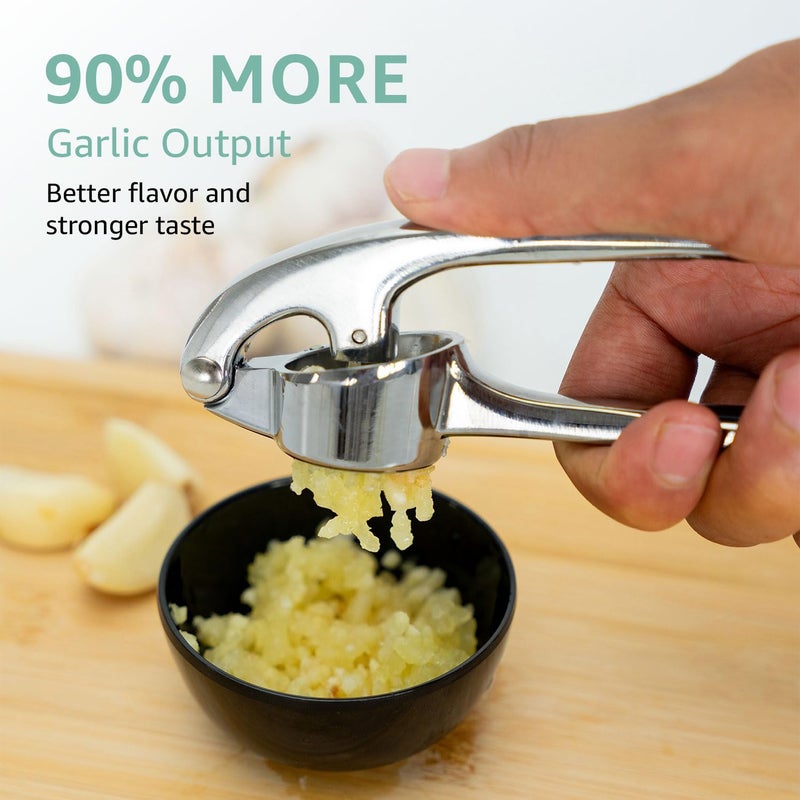 Global Digitronix Garlic Press Crusher & Mincer â€“ Easy Squeeze Ergonomic Handle, Heavy Duty Zinc Alloy, Dishwasher Safe, Includes Peeler & Cleaning Brush â€“ Garlic Ginger Crusher Tool (Imperial Silver) - Image 3