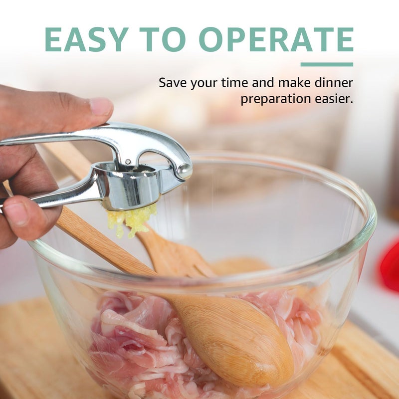 Global Digitronix Garlic Press Crusher & Mincer â€“ Easy Squeeze Ergonomic Handle, Heavy Duty Zinc Alloy, Dishwasher Safe, Includes Peeler & Cleaning Brush â€“ Garlic Ginger Crusher Tool (Imperial Silver) - Image 4