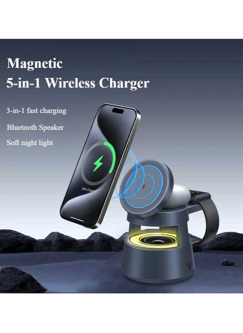 5 In 1 Magnetic Wireless Charger, Wireless Charging Station with Bluetooth Speaker and Night Lights for iPhone 16 15 14 13 12 Series /Airpods, Compatible with Apple iWatch, Huawei GT Xiaomi Sport Bluetooth Earbuds Headphones
