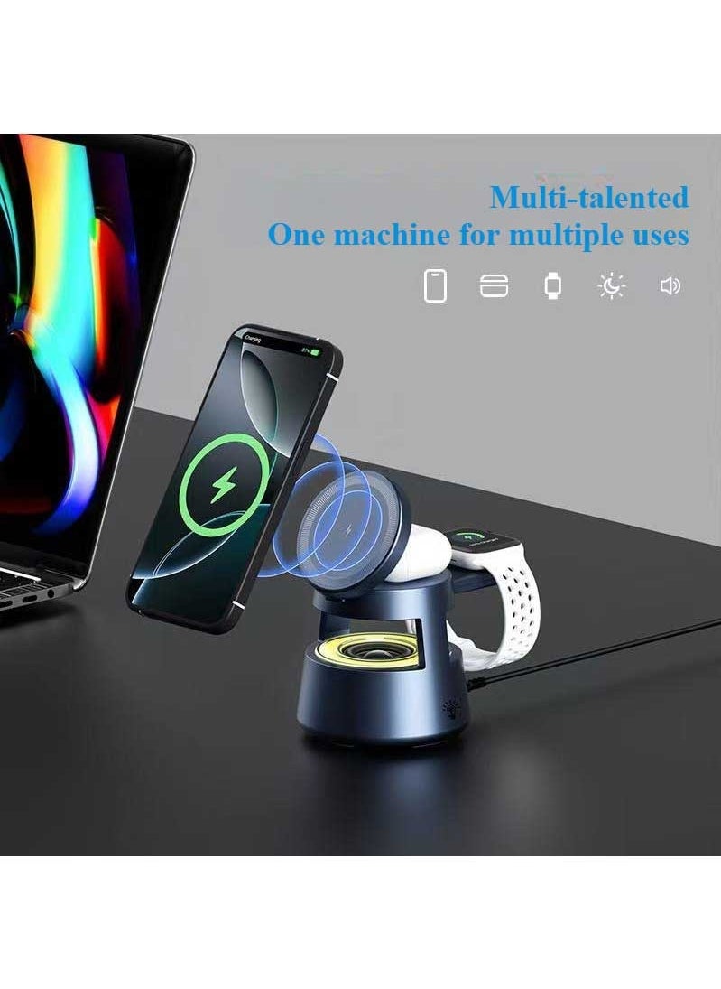 Generic - 5 In 1 Magnetic Wireless Charger, Wireless Charging Station with Bluetooth Speaker and Night Lights for iPhone 16 15 14 13 12 Series /Airpods, Compatible with Apple iWatch, Huawei GT Xiaomi Sport Bluetooth Earbuds Headphones - Image 1