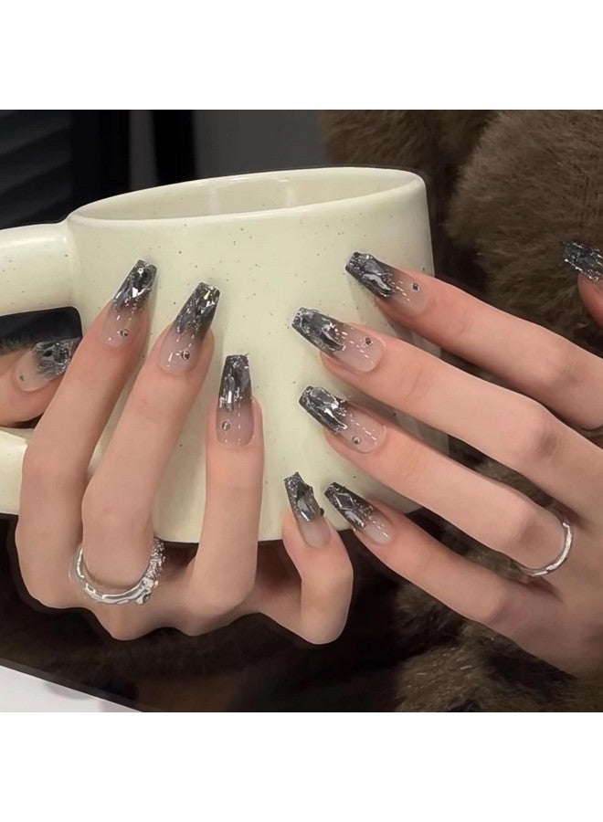 MISUD Press On Nails Long Coffin Fake Nails Glossy Glue On Nails Black Ombre Acrylic Nails Ballerina Goth Gradient Artificial Nails Rhinestone Stick On False Nails With Design 24 Pcs - Image 2