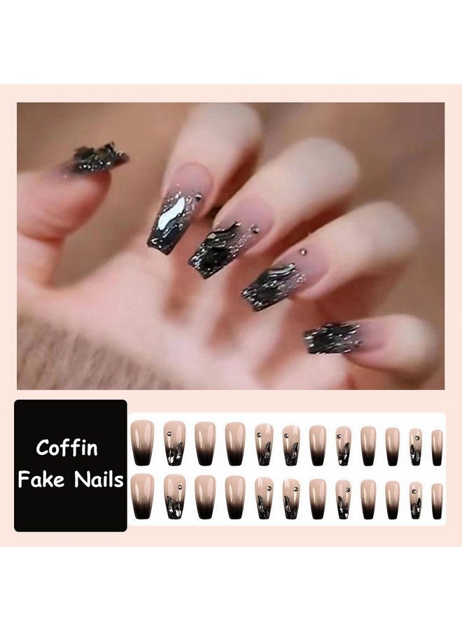 MISUD Press On Nails Long Coffin Fake Nails Glossy Glue On Nails Black Ombre Acrylic Nails Ballerina Goth Gradient Artificial Nails Rhinestone Stick On False Nails With Design 24 Pcs - Image 5
