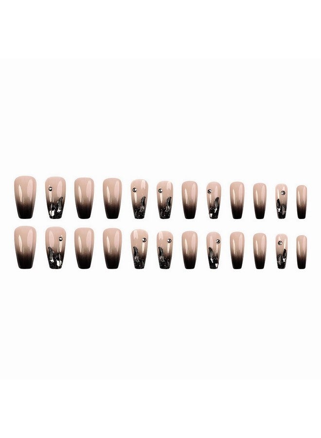 MISUD Press On Nails Long Coffin Fake Nails Glossy Glue On Nails Black Ombre Acrylic Nails Ballerina Goth Gradient Artificial Nails Rhinestone Stick On False Nails With Design 24 Pcs - Image 4