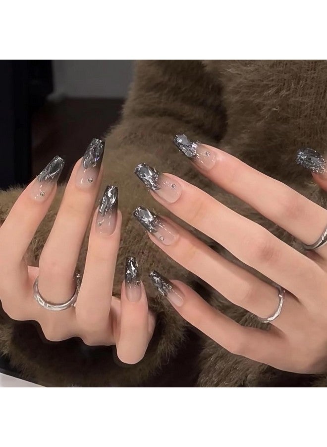 MISUD Press On Nails Long Coffin Fake Nails Glossy Glue On Nails Black Ombre Acrylic Nails Ballerina Goth Gradient Artificial Nails Rhinestone Stick On False Nails With Design 24 Pcs - Image 3