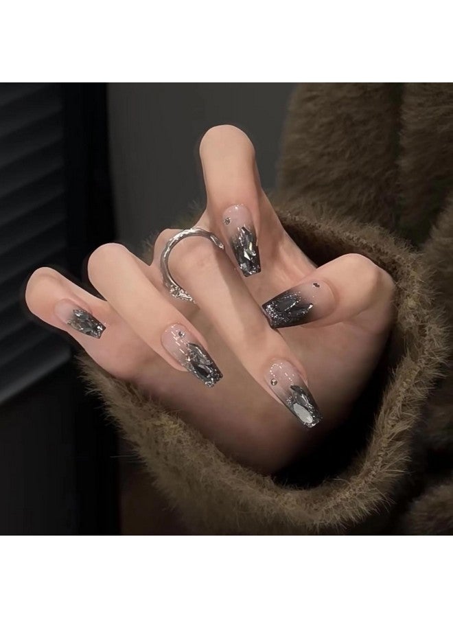 MISUD Press On Nails Long Coffin Fake Nails Glossy Glue On Nails Black Ombre Acrylic Nails Ballerina Goth Gradient Artificial Nails Rhinestone Stick On False Nails With Design 24 Pcs - Image 1