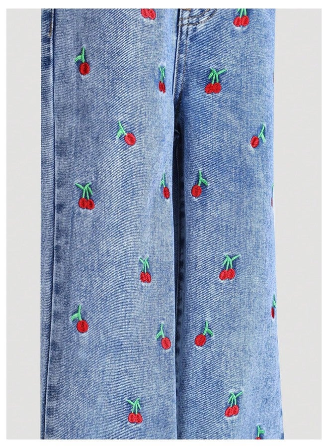 WDIRARA Toddler Girl's Cute Cherry Embroidery Baggy Jeans Wide Leg Denim Pants Medium Wash 4Y - Image 4