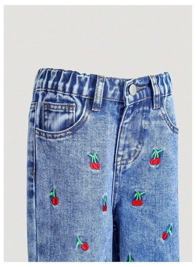 WDIRARA Toddler Girl's Cute Cherry Embroidery Baggy Jeans Wide Leg Denim Pants Medium Wash 4Y - Image 3