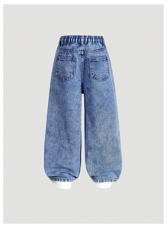 WDIRARA Toddler Girl's Cute Cherry Embroidery Baggy Jeans Wide Leg Denim Pants Medium Wash 4Y - Image 2