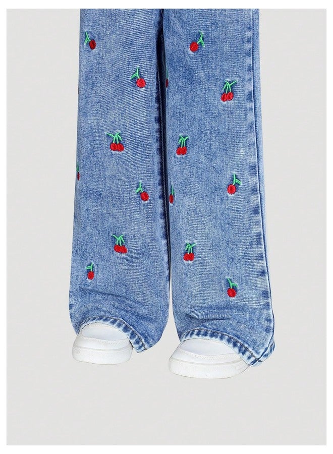 WDIRARA Toddler Girl's Cute Cherry Embroidery Baggy Jeans Wide Leg Denim Pants Medium Wash 4Y - Image 5