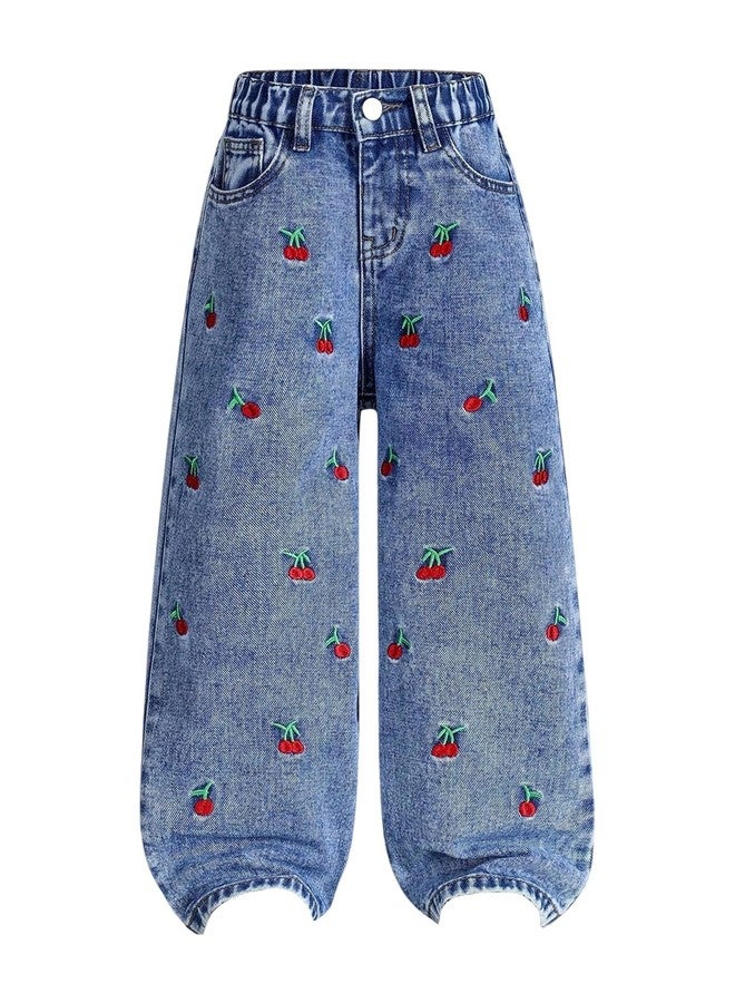 WDIRARA Toddler Girl's Cute Cherry Embroidery Baggy Jeans Wide Leg Denim Pants Medium Wash 4Y - Image 1