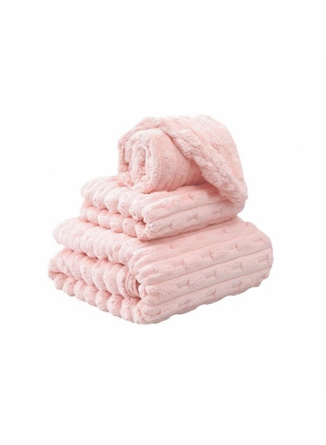 3-Piece Towel Set, coral fleece  ，Superior Quality, Quick Dry Highly Absorbent Thick Bathroom Soft Hotel Towels for Bath And Spa, Towel Set Includes 1 Bath Towel (90x170 cm), 1 Hand Towel (35x75 cm), 1 Hair Drying Cap (25x65 cm)-Pink - Image 1