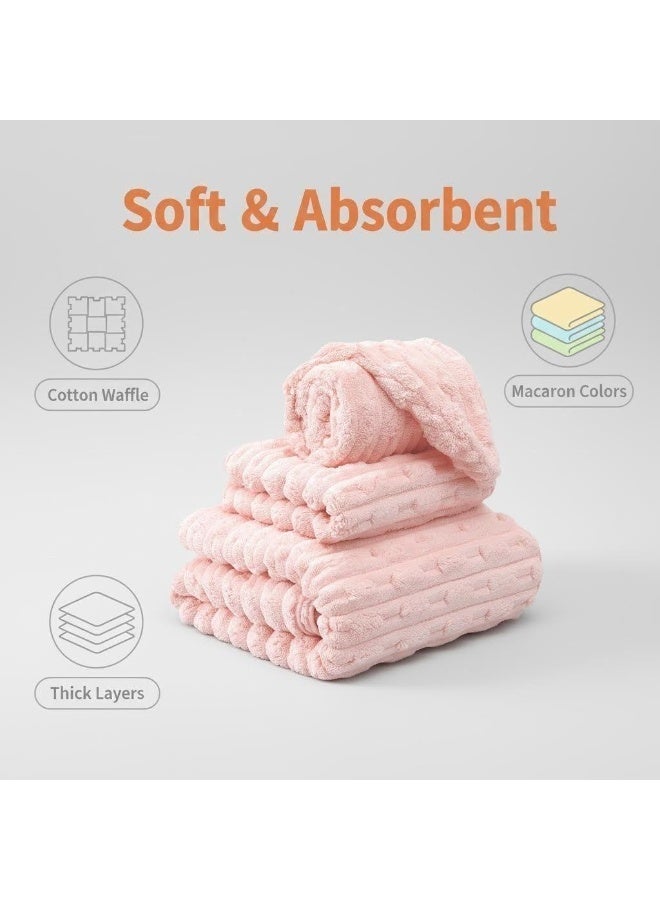 3-Piece Towel Set, coral fleece  ，Superior Quality, Quick Dry Highly Absorbent Thick Bathroom Soft Hotel Towels for Bath And Spa, Towel Set Includes 1 Bath Towel (90x170 cm), 1 Hand Towel (35x75 cm), 1 Hair Drying Cap (25x65 cm)-Pink - Image 3