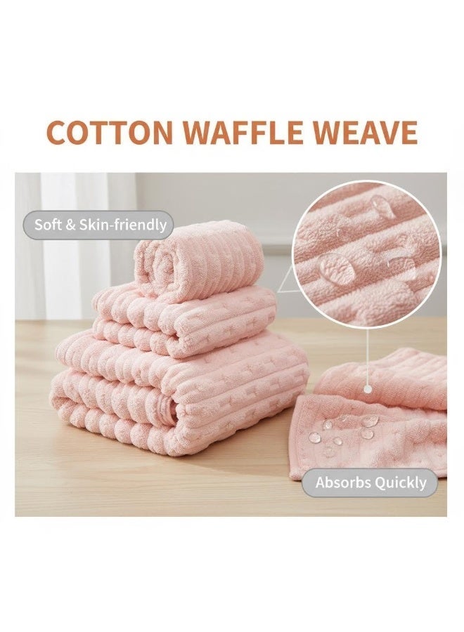 3-Piece Towel Set, coral fleece  ，Superior Quality, Quick Dry Highly Absorbent Thick Bathroom Soft Hotel Towels for Bath And Spa, Towel Set Includes 1 Bath Towel (90x170 cm), 1 Hand Towel (35x75 cm), 1 Hair Drying Cap (25x65 cm)-Pink - Image 4