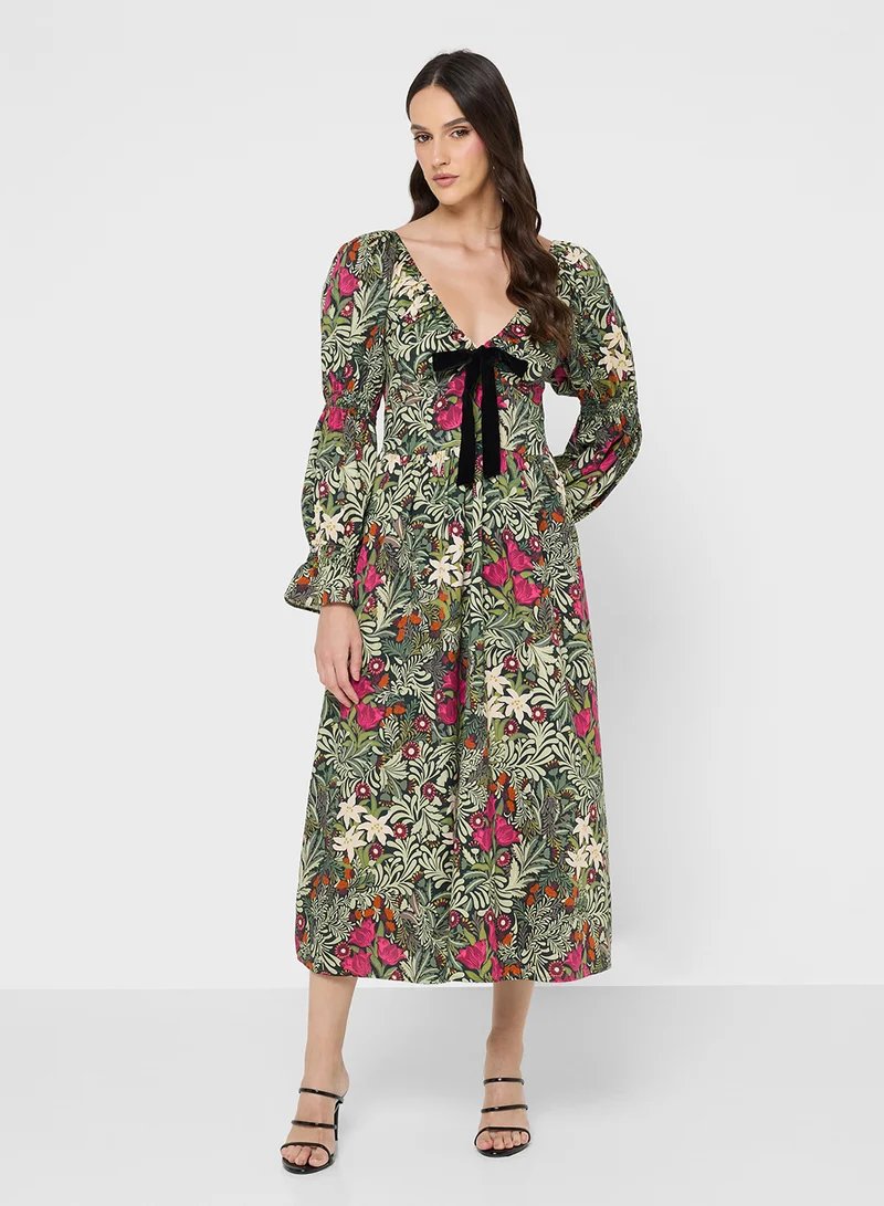 هوب اند ايفي Front Bow Long Sleeve Maxi Dress- The William Morris Society