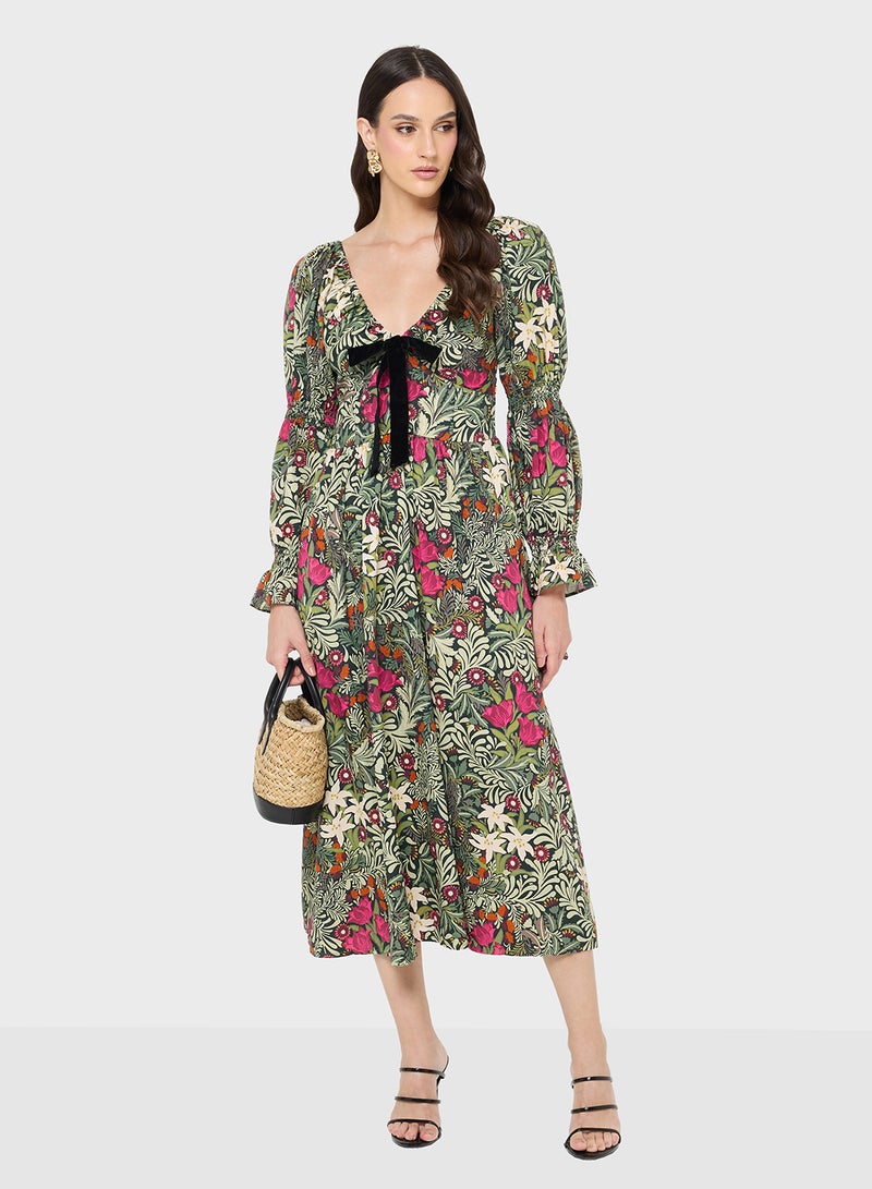 Hope & Ivy Front Bow Long Sleeve Maxi Dress- The William Morris Society - Image 1