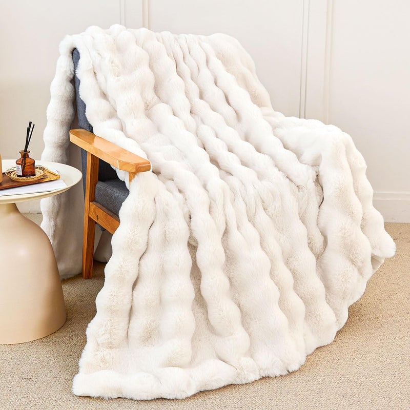 Faux Rabbit Fur Throw Blanket for Couch Fluffy Warm Plush Thick Bubble Blanket for Bed Sofa Living Room Soft Cozy Furry Blanket 50x60 inches Cream White