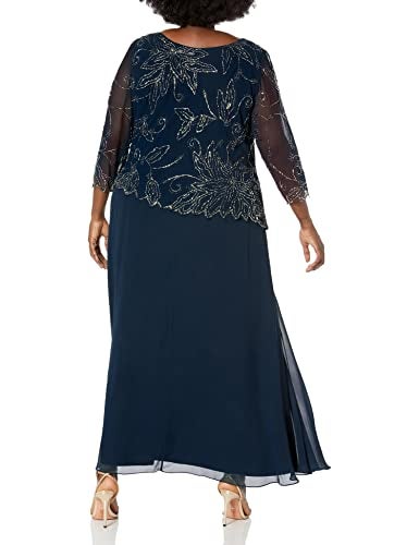 J Kara Women's Plus Size Sheer Sleeve Floral Beaded Long Dress, Navy/Luster/Grey, 18W - Image 2