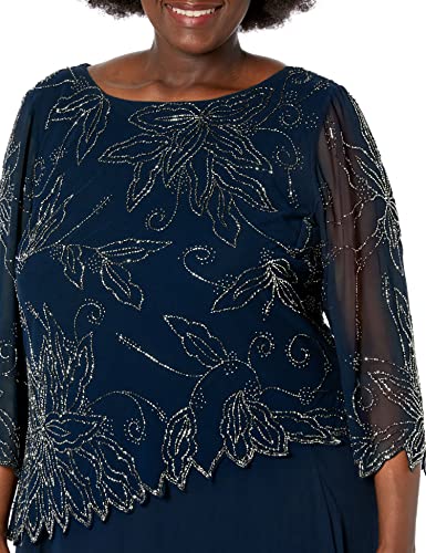 J Kara Women's Plus Size Sheer Sleeve Floral Beaded Long Dress, Navy/Luster/Grey, 18W - Image 3