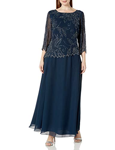 J Kara Women's Plus Size Sheer Sleeve Floral Beaded Long Dress, Navy/Luster/Grey, 18W - Image 4