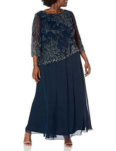 J Kara Women's Plus Size Sheer Sleeve Floral Beaded Long Dress, Navy/Luster/Grey, 18W - Image 1
