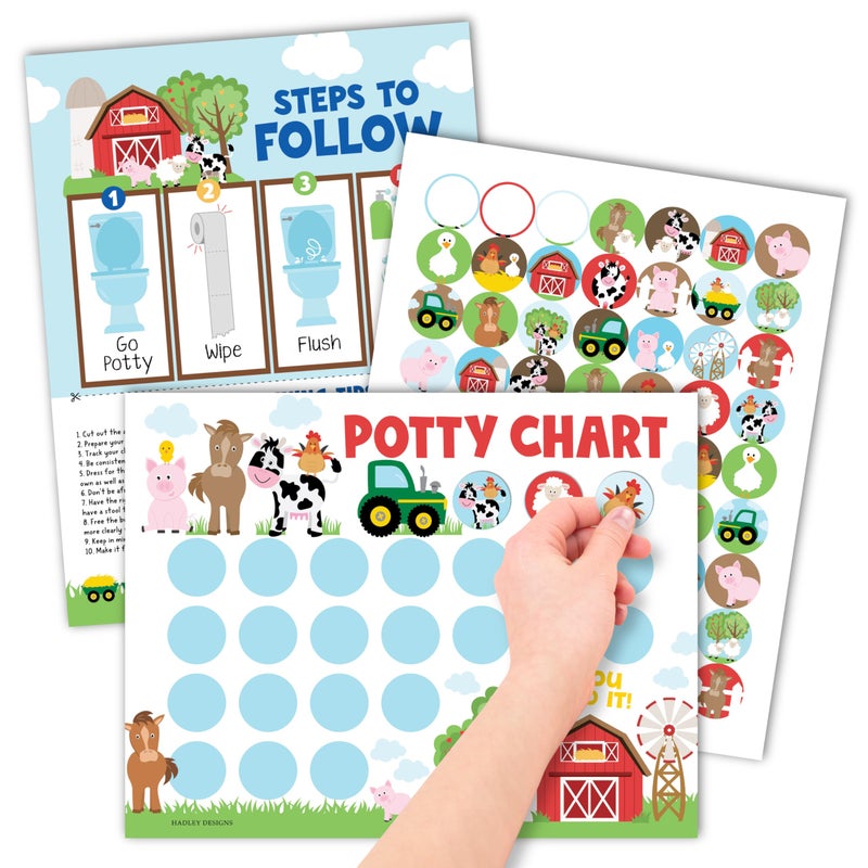 Hadley Designs Potty Training Chart for Toddlers Boys -10 Sticker Potty Chart for Toddlers Girls, 8.5x11" Potty Training Sticker Charts for Toilet Success, Farm Animals Toddler Reward Chart for Kids - Image 1