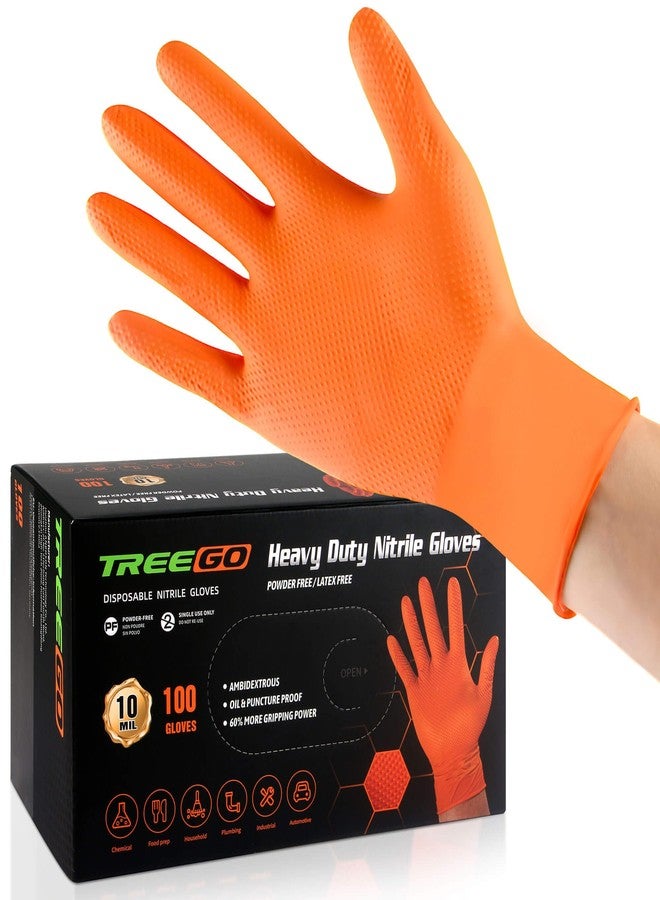 TREEGO 10 Mil Orange Nitrile Gloves X-Large - Heavy Duty Disposable Latex & Powder Free, Chemical Resistant, Diamond Grip for Automotive, Industrial, Cleaning - 100 Count - Image 1