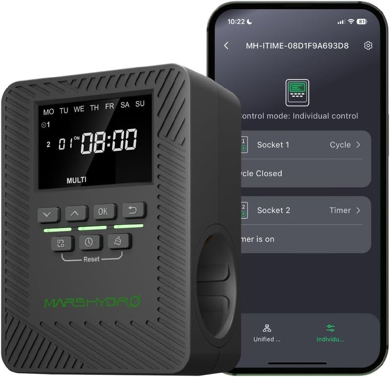 MARS HYDRO مؤقت ITime 2 في 1 لعام 2025، رقمي، مقبس مزدوج، تحكم بالتطبيق، قابل للبرمجة بشكل فردي، 12 مفتاح تشغيل/إيقاف للاستخدام في المكتب المنزلي ونمو النباتات - Image 1
