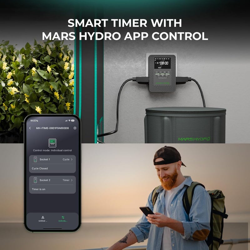 MARS HYDRO مؤقت ITime 2 في 1 لعام 2025، رقمي، مقبس مزدوج، تحكم بالتطبيق، قابل للبرمجة بشكل فردي، 12 مفتاح تشغيل/إيقاف للاستخدام في المكتب المنزلي ونمو النباتات - Image 2