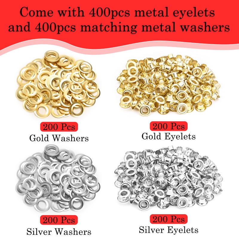 PAXCOO 803Pcs Grommet Eyelet Pliers Kit, 1/4 Inch 6mm(Inside Diameter) Grommet Tool Kit with 800 Metal Eyelets with Washers in Gold and Silver, Eyelet Grommet Hand Press kit for Leather/Belt/Shoes/Crafts - Image 5