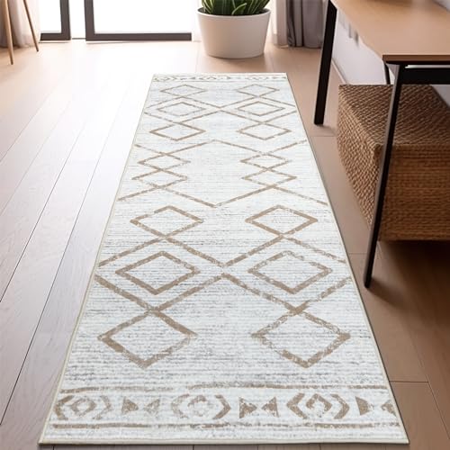 jinchan Moroccan Runner Rug 2x6 - Kitchen Machine Washable Runner Rug Modern Geometric Soft Low-Pile Lightweight Non-Slip Carpet for Entryway Hallway Laundry Room Bedroom Farmhouse (2x6ft,Taupe) - Image 1