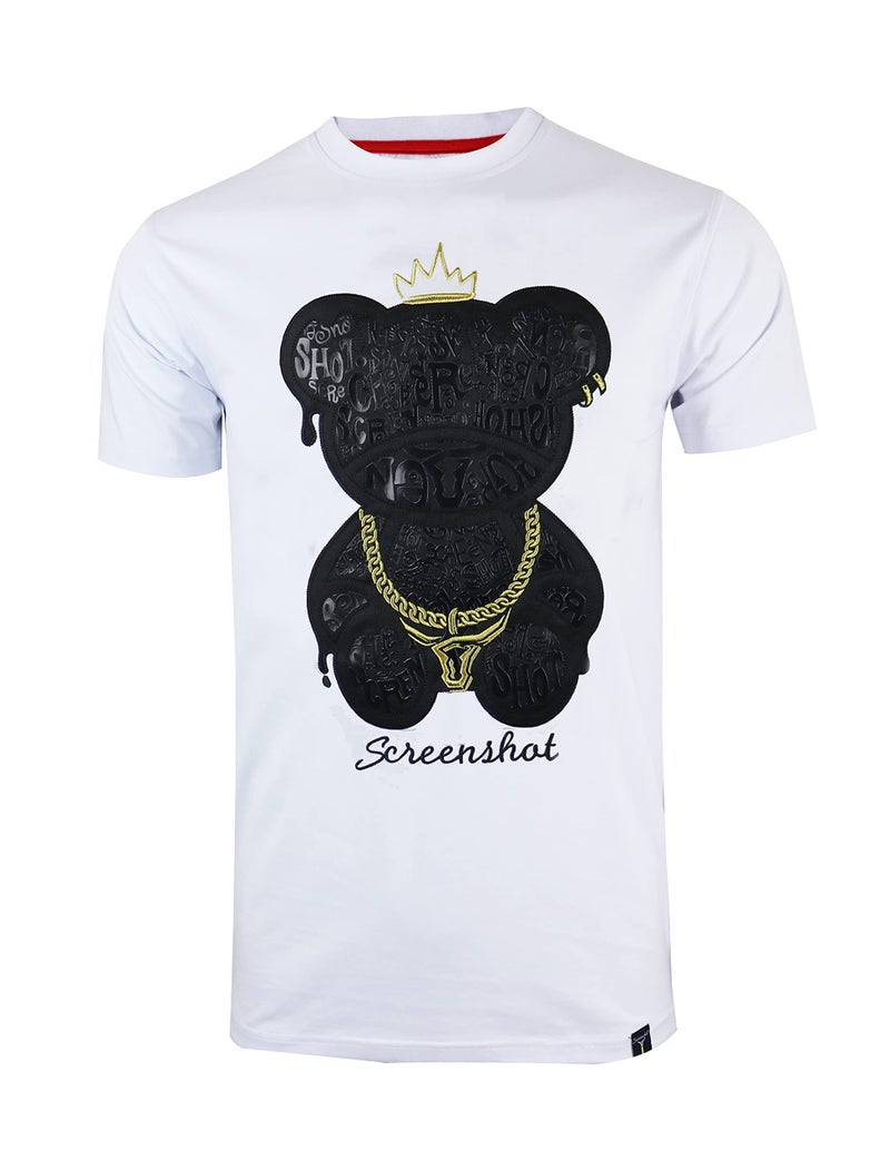 SCREENSHOT-S11222 Mens Hip-Hop Streetwear Ultra Premium Quality Tee - Big Head Shadow Teddy Bear Patch Embroidery Gel Print T-Shirt-White-Medium - Image 1