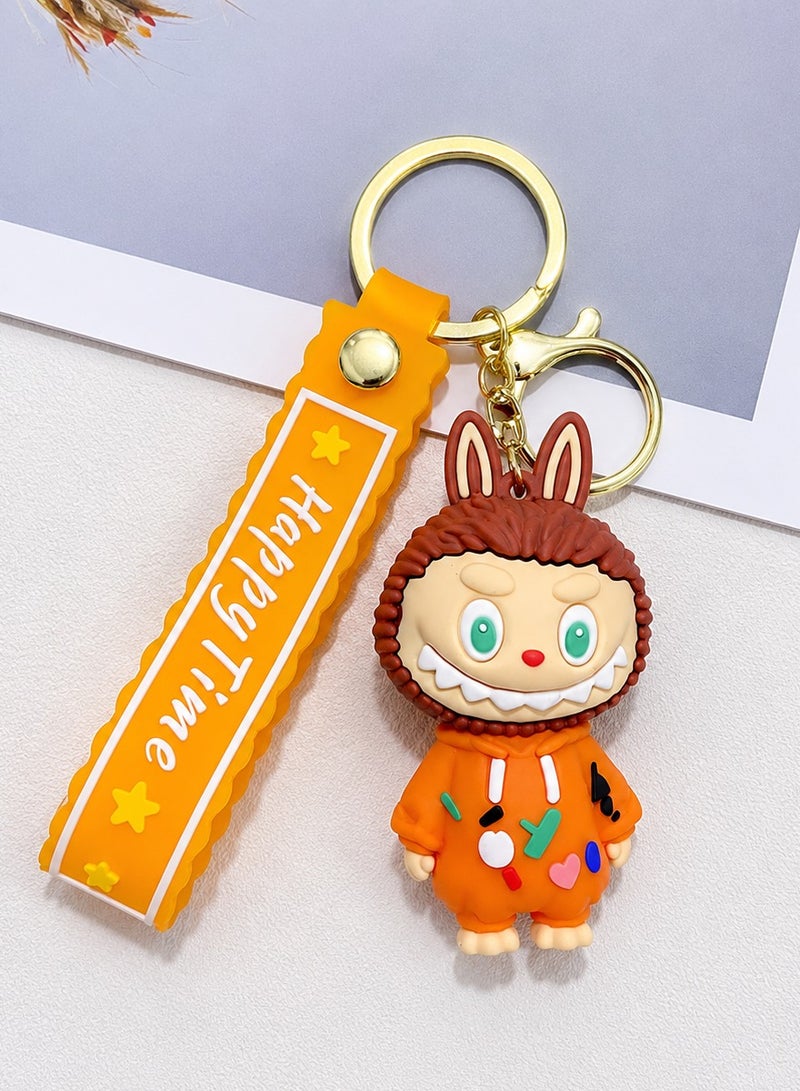 Happy Time Character PVC Keychain with Silicone Strap, Cute Cartoon Key Ring for Car Keys, Bike Keys, House Keys, Backpack, Handbag, Durable Soft Rubber Key Holder, Collectible Key Chain Gift for Kids, Teens, Women and Men, Orange Pocket Acc Ke ERPC labubu - Image 1