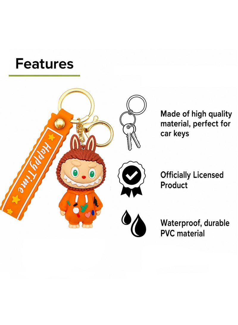 Happy Time Character PVC Keychain with Silicone Strap, Cute Cartoon Key Ring for Car Keys, Bike Keys, House Keys, Backpack, Handbag, Durable Soft Rubber Key Holder, Collectible Key Chain Gift for Kids, Teens, Women and Men, Orange Pocket Acc Ke ERPC labubu - Image 3