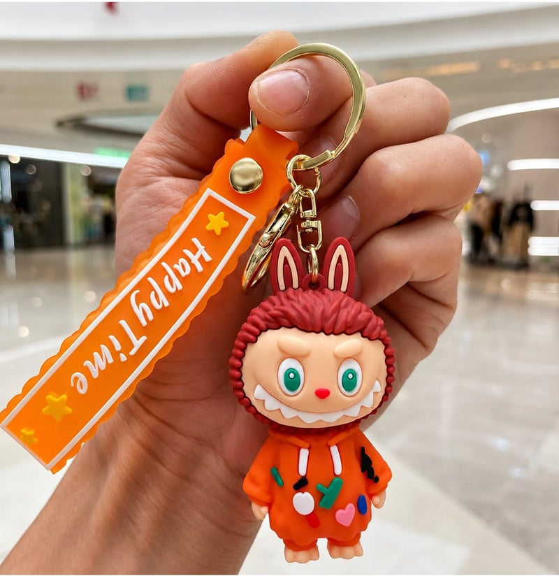 Happy Time Character PVC Keychain with Silicone Strap, Cute Cartoon Key Ring for Car Keys, Bike Keys, House Keys, Backpack, Handbag, Durable Soft Rubber Key Holder, Collectible Key Chain Gift for Kids, Teens, Women and Men, Orange Pocket Acc Ke ERPC labubu - Image 5