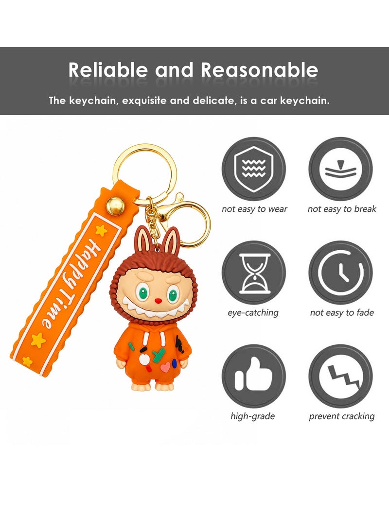Happy Time Character PVC Keychain with Silicone Strap, Cute Cartoon Key Ring for Car Keys, Bike Keys, House Keys, Backpack, Handbag, Durable Soft Rubber Key Holder, Collectible Key Chain Gift for Kids, Teens, Women and Men, Orange Pocket Acc Ke ERPC labubu - Image 2
