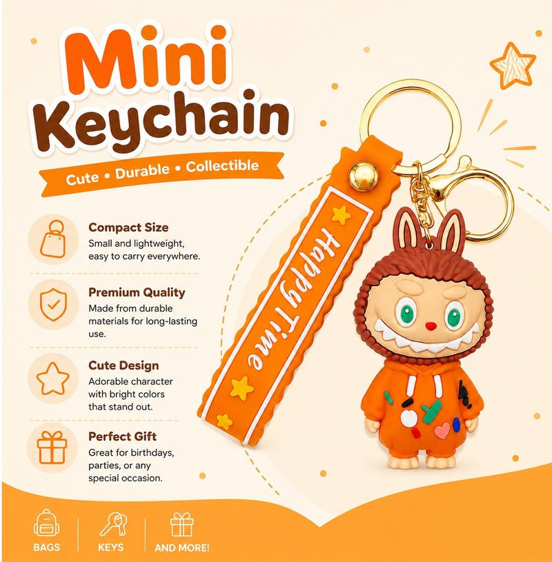 Happy Time Character PVC Keychain with Silicone Strap, Cute Cartoon Key Ring for Car Keys, Bike Keys, House Keys, Backpack, Handbag, Durable Soft Rubber Key Holder, Collectible Key Chain Gift for Kids, Teens, Women and Men, Orange Pocket Acc Ke ERPC labubu - Image 4
