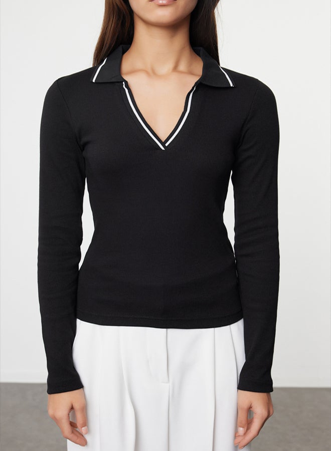 trendyol Black Knitwear Collar Detailed Fitted Flexible Knitted Blouse TWOAW25BZ00121 - Image 3