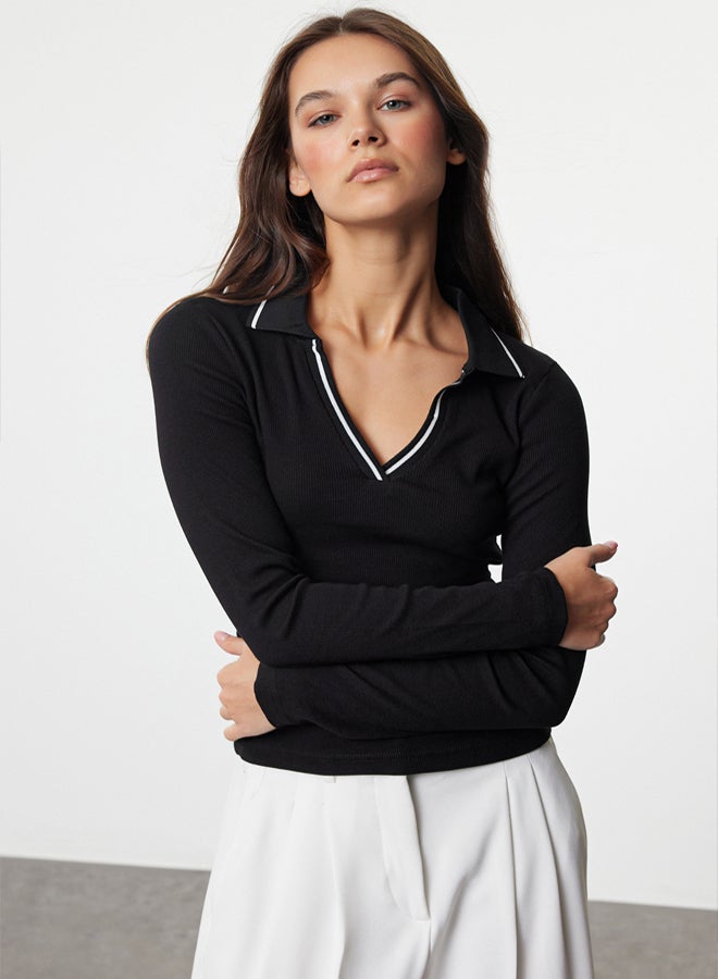 trendyol Black Knitwear Collar Detailed Fitted Flexible Knitted Blouse TWOAW25BZ00121 - Image 1