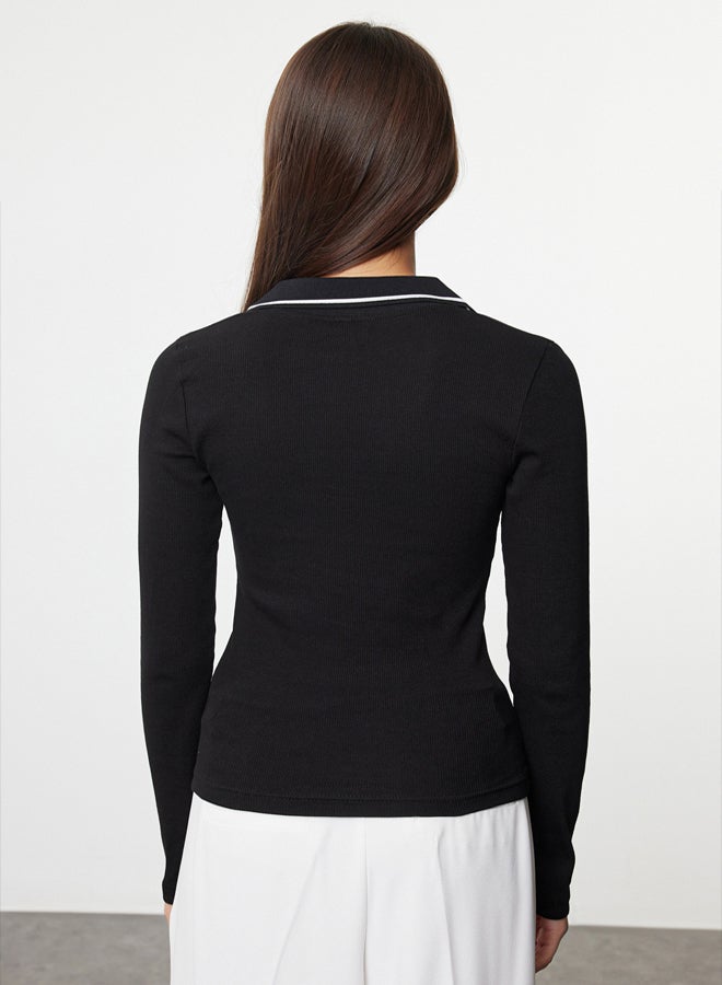 trendyol Black Knitwear Collar Detailed Fitted Flexible Knitted Blouse TWOAW25BZ00121 - Image 5