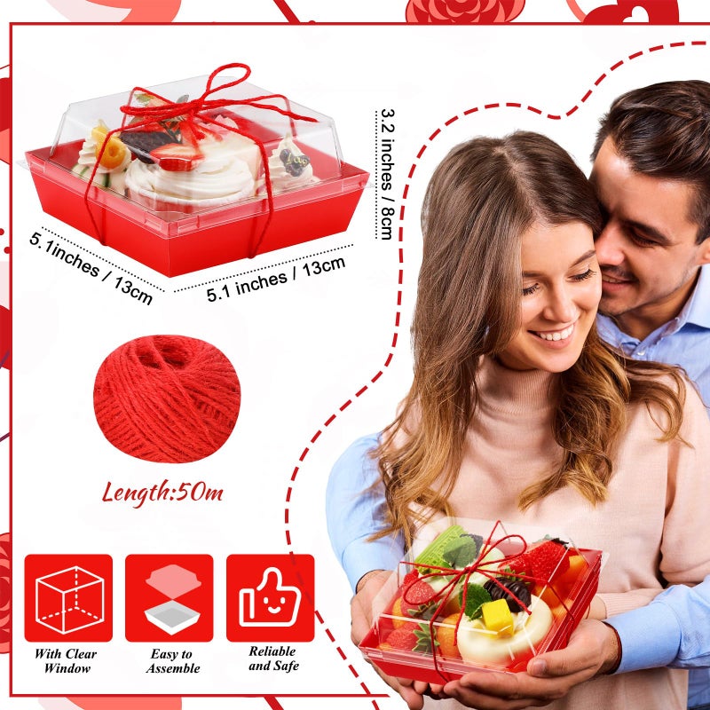 Jingmore 200 Pcs Charcuterie Boxes with Clear Lids 5'' Disposable Square Dessert Boxes Paper Food Box Bakery Containers for Party Cake Cookie Sandwich (Red) - Image 2