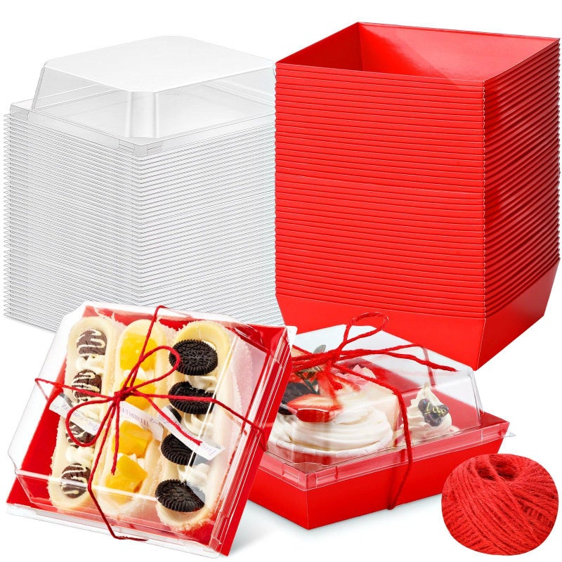 Jingmore 200 Pcs Charcuterie Boxes with Clear Lids 5'' Disposable Square Dessert Boxes Paper Food Box Bakery Containers for Party Cake Cookie Sandwich (Red) - Image 1