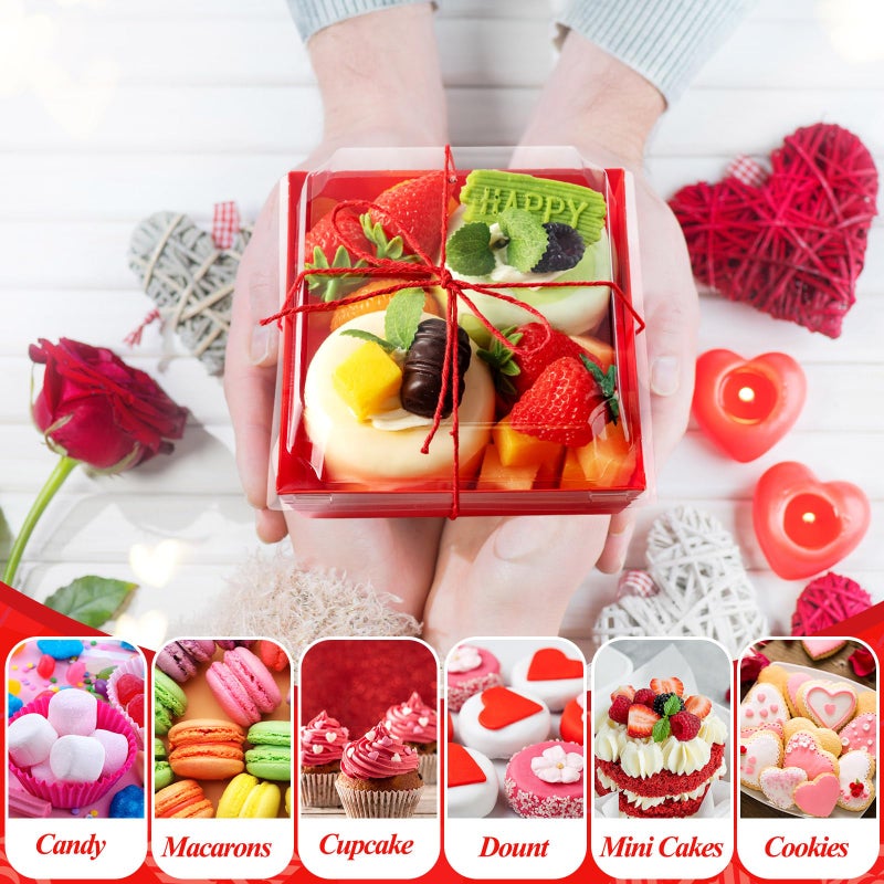 Jingmore 200 Pcs Charcuterie Boxes with Clear Lids 5'' Disposable Square Dessert Boxes Paper Food Box Bakery Containers for Party Cake Cookie Sandwich (Red) - Image 3