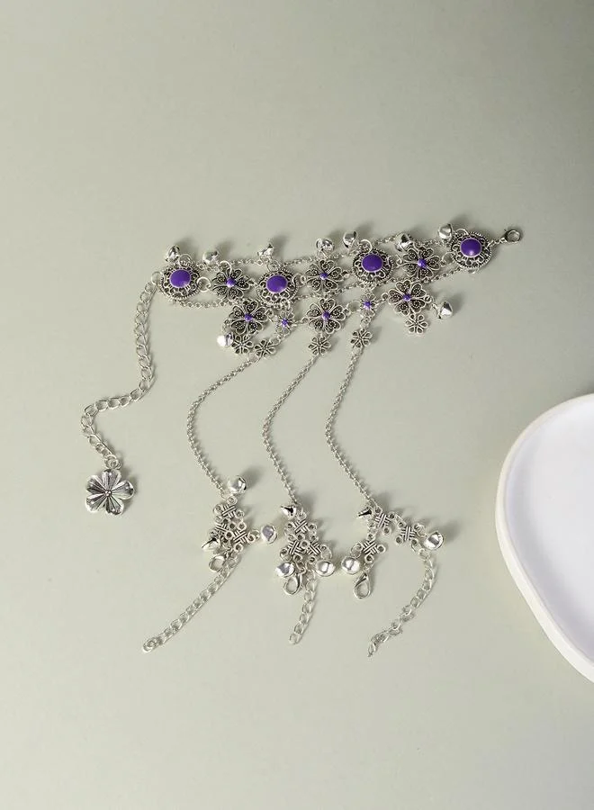 Take Two  Silver Tone Purple Floral Accents and Bells Hand Chain Bracelet for Women | Best Price UAE